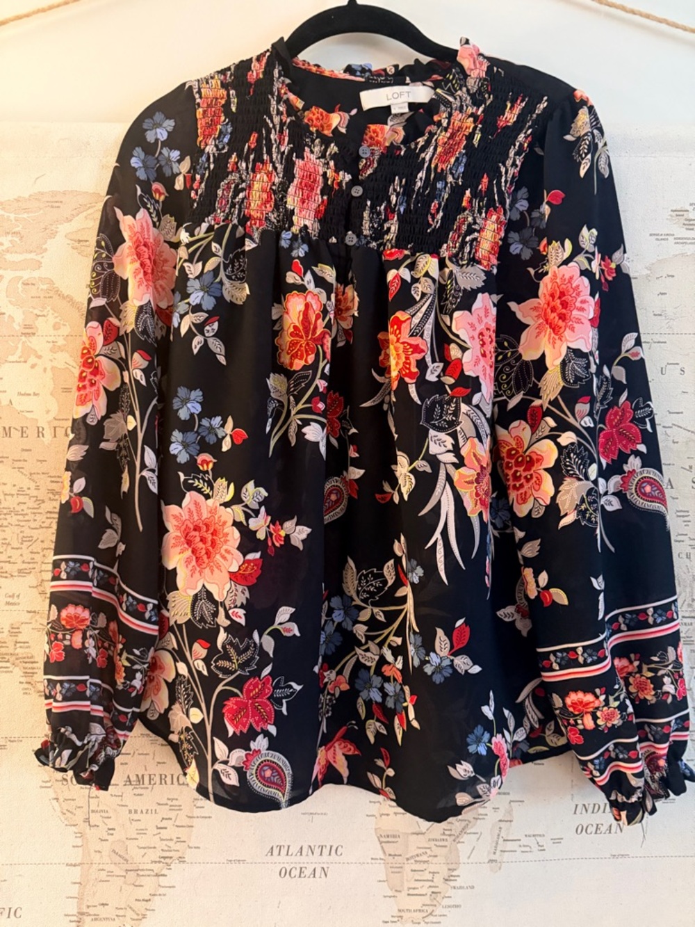 LOFT Black Floral Blouse with Cream and Red Accents. Size Small